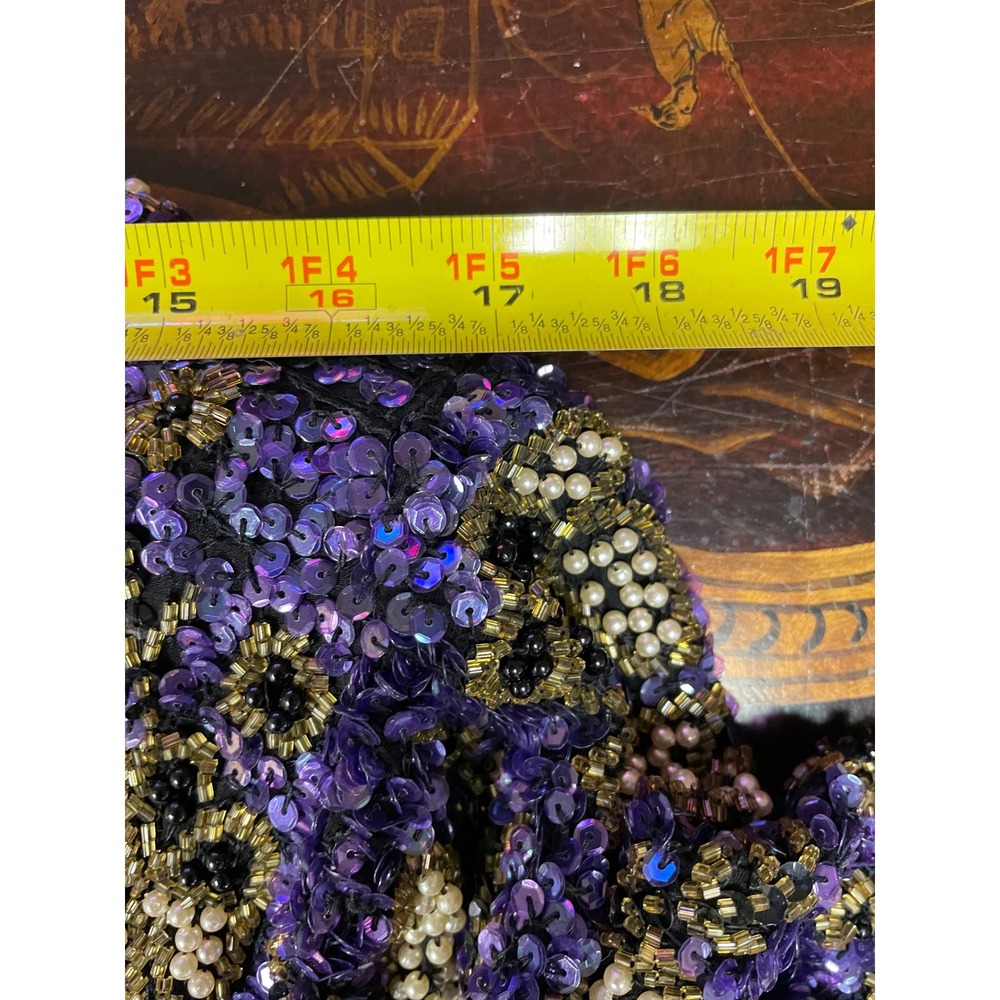 Vtg Stenay Purple Gold Floral Beaded Silk Evening Crop Jacket Bolero Glam XL - Picture 8 of 14